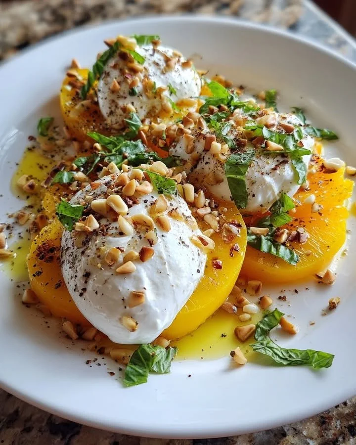 Golden beet and burrata salad with toasted pine crunch garnish