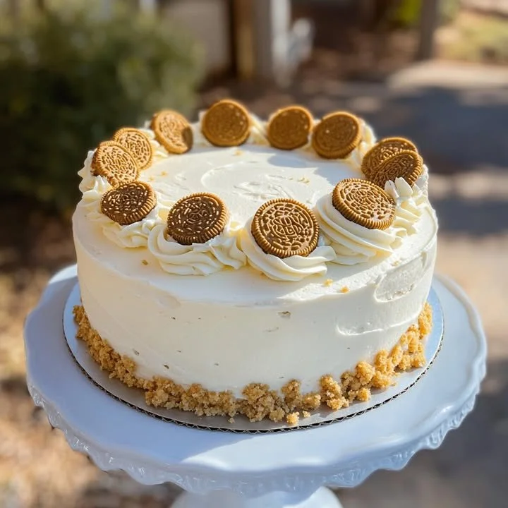 Golden Oreo White Velvet Cake topped with creamy frosting and crushed Oreos