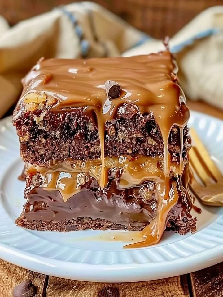 Gooey chocolate caramel turtle cake bars topped with nuts and caramel drizzle