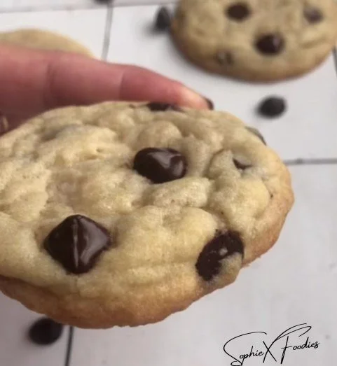 Freshly baked gooey chocolate chip cookies on a cooling rack.