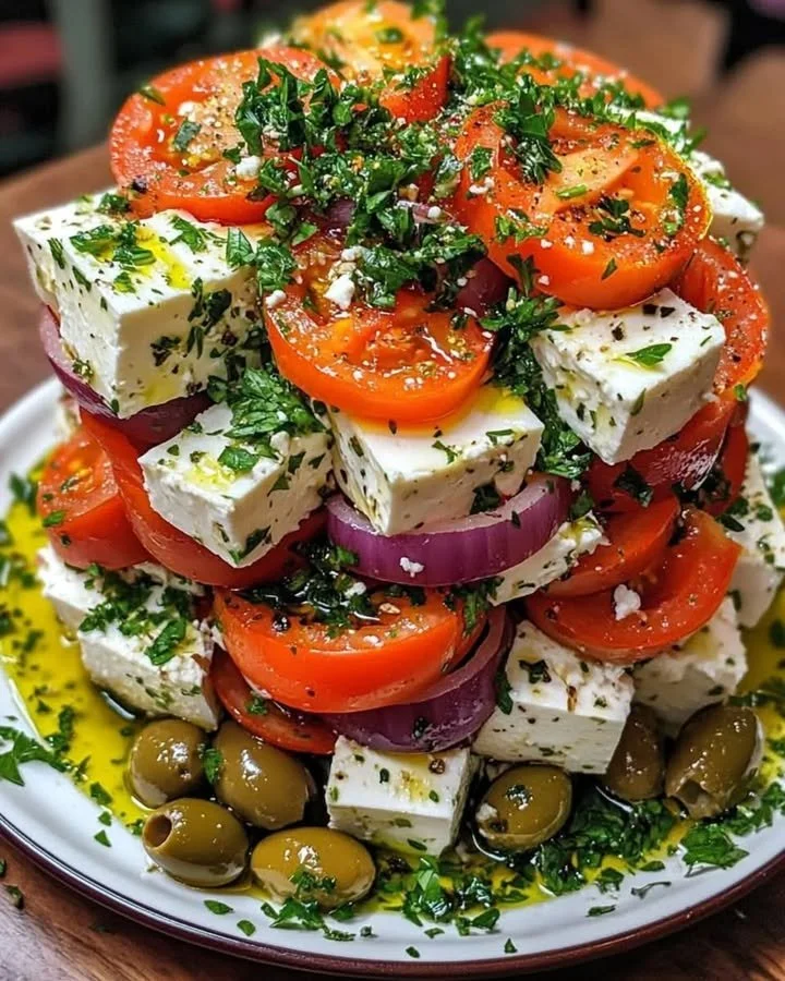 Layers of Greek Feta Salad Tower with colorful vegetables and feta cheese