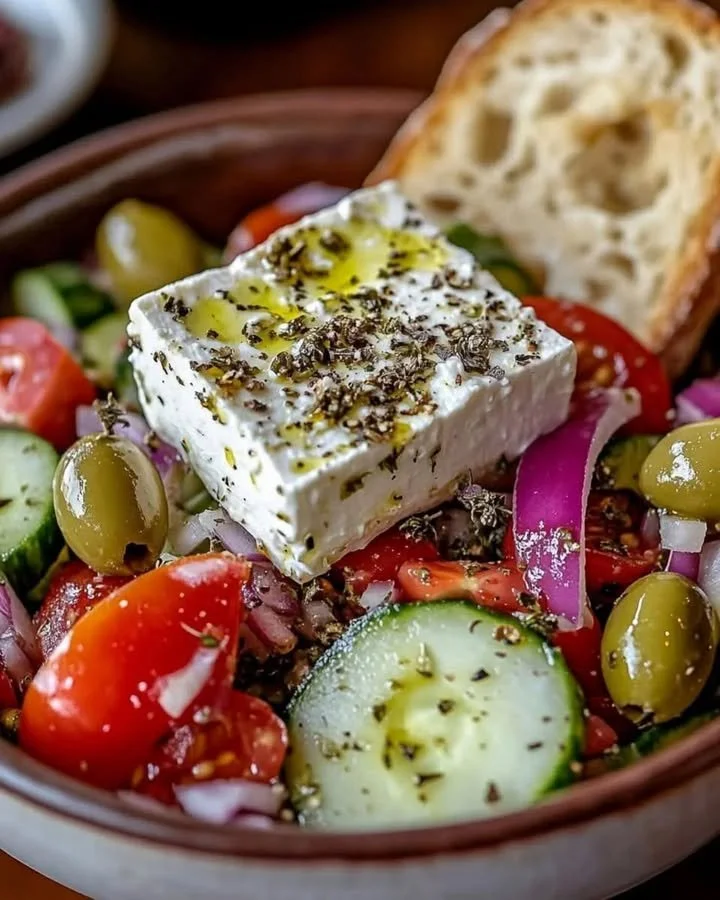 Delicious Greek Feta Salad served with crusty bread.