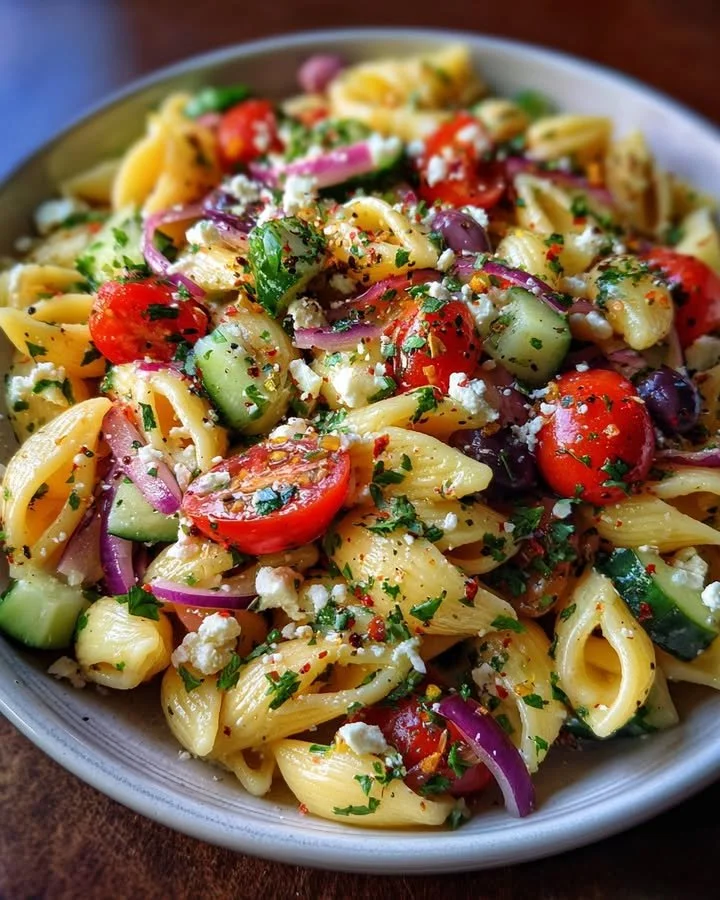 Delicious Greek Lumache Pasta Salad with fresh vegetables and herbs
