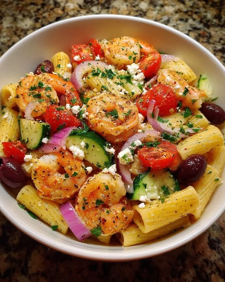 Greek Rigatoni Pasta Salad with Shrimp served in a colorful bowl