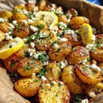 Crispy Greek roast potatoes with lemon and feta cheese on a plate