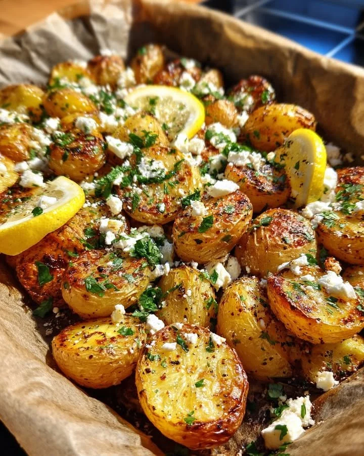 Crispy Greek roast potatoes with lemon and feta cheese on a plate