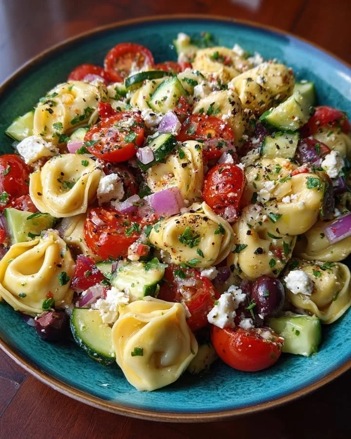 Greek Tortellini Pasta Salad with fresh vegetables and feta cheese