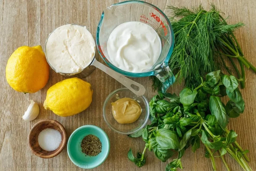 Homemade Green Goddess Dressing in a glass bowl with herbs and vegetables.