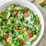 Homemade Green Goddess Dressing in a bowl with fresh herbs and vegetables
