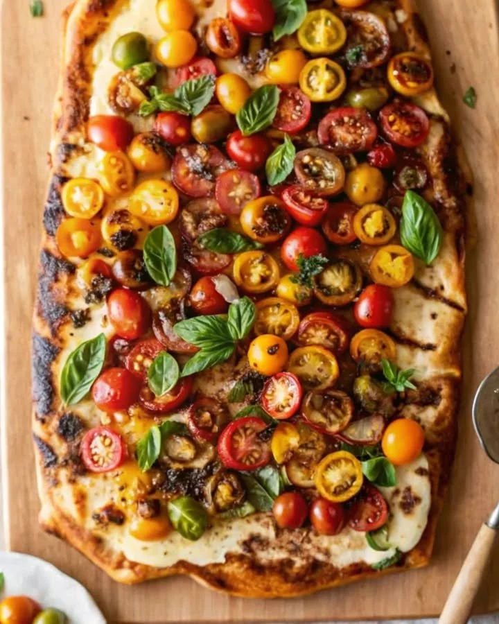 Delicious Grilled Caprese Pizza topped with fresh mozzarella and basil.
