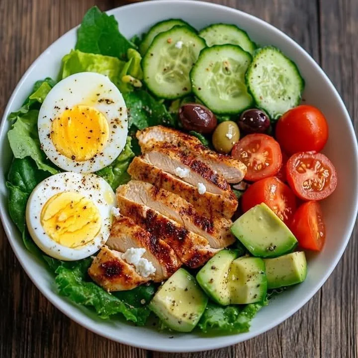 Grilled Chicken Mediterranean Salad Bowl with fresh vegetables