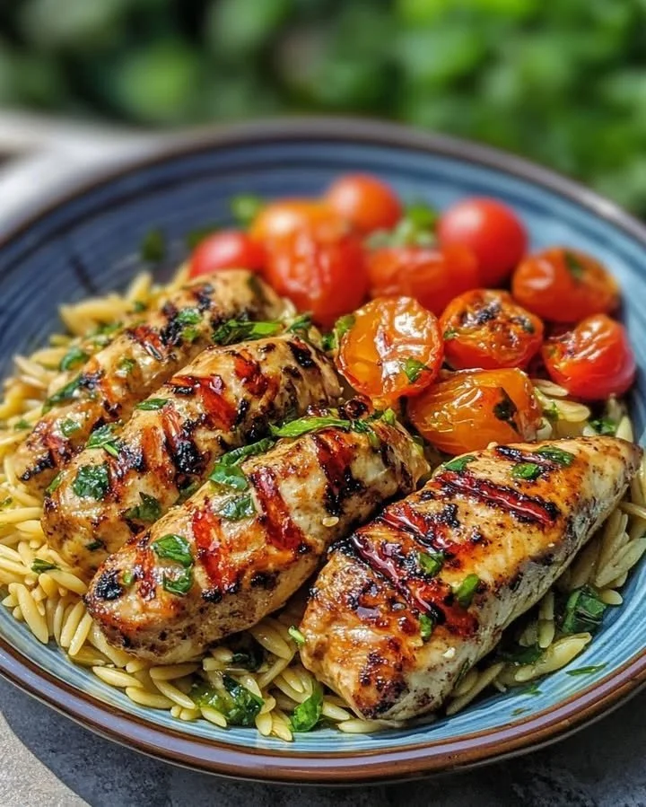 Grilled chicken with apricot glaze served with tomato basil orzo salad