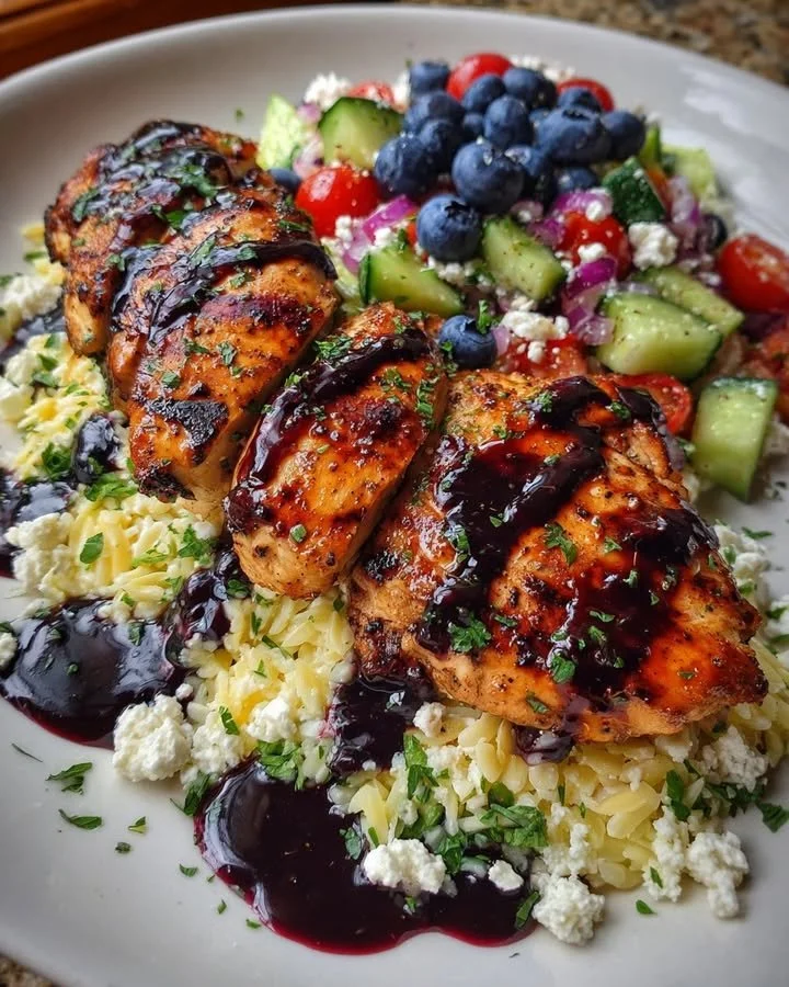 Grilled chicken with blueberry balsamic glaze and feta orzo salad on a plate