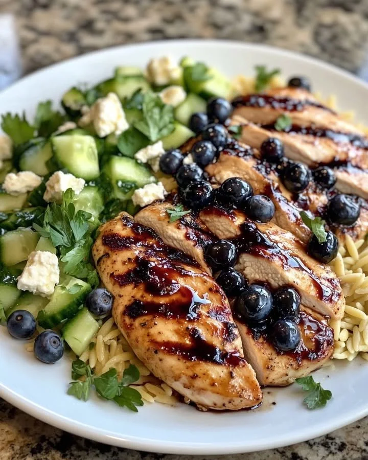 Grilled chicken with blueberry balsamic glaze and feta orzo salad on a plate