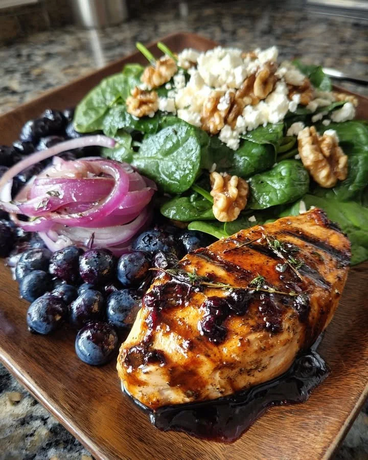 Grilled chicken with blueberry balsamic glaze served with spinach, walnut, and feta salad.