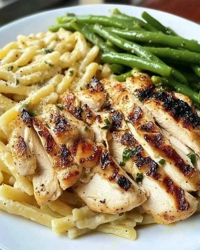 Plate of grilled chicken with creamy pasta and garlic green beans