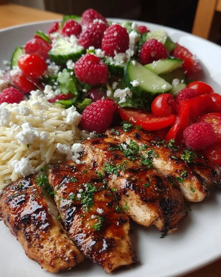 Grilled chicken with raspberry balsamic glaze and feta orzo salad on a plate