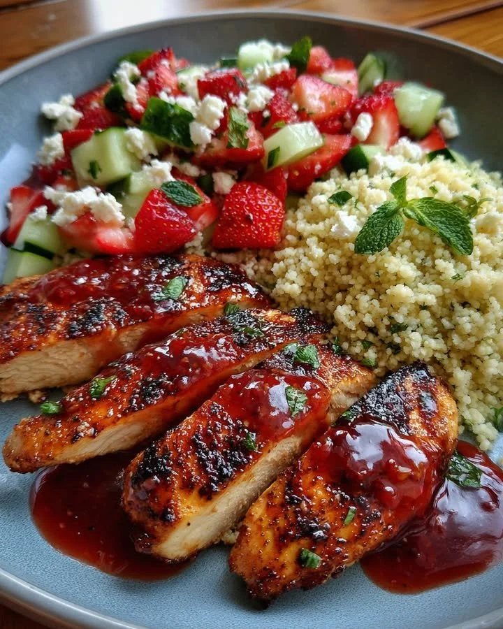 Grilled chicken with strawberry balsamic glaze and feta couscous salad