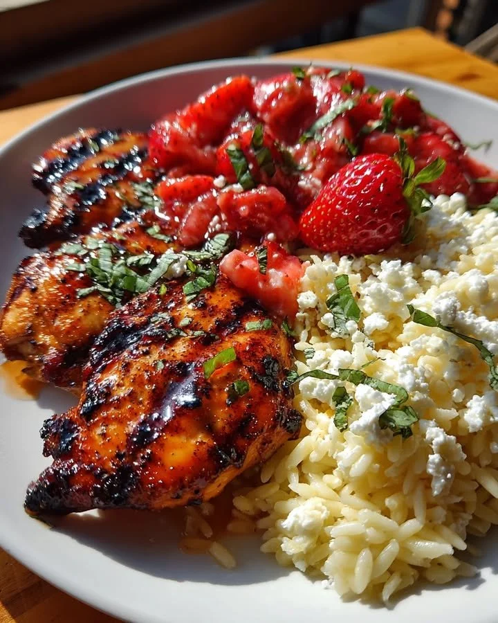 Grilled chicken with strawberry honey balsamic glaze and feta orzo salad