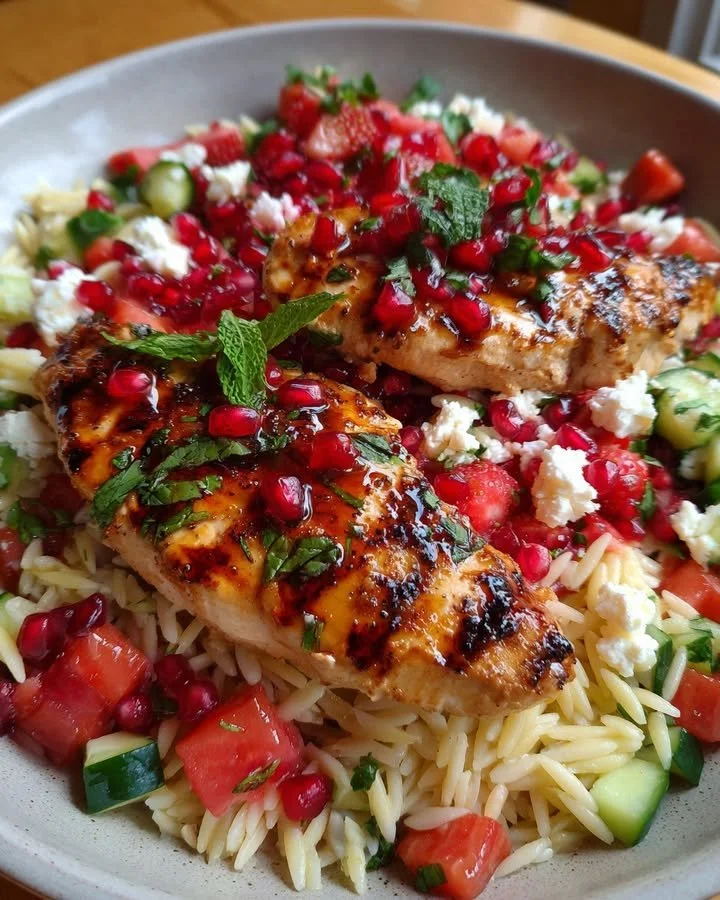 Grilled chicken served with strawberry pomegranate molasses and feta orzo salad.