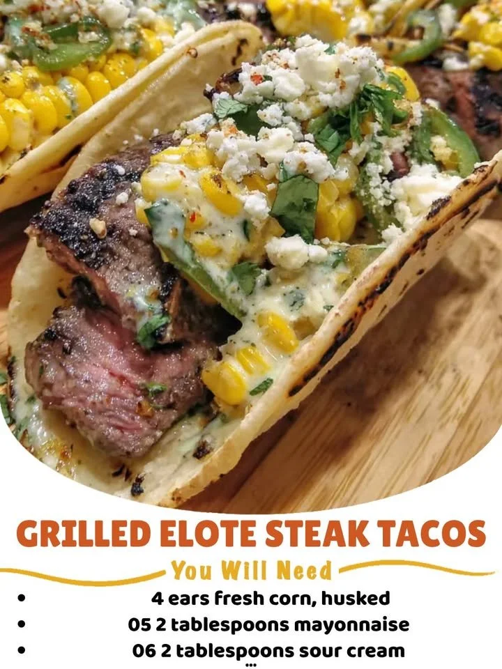 Delicious grilled corn on the cob steak tacos topped with fresh ingredients.