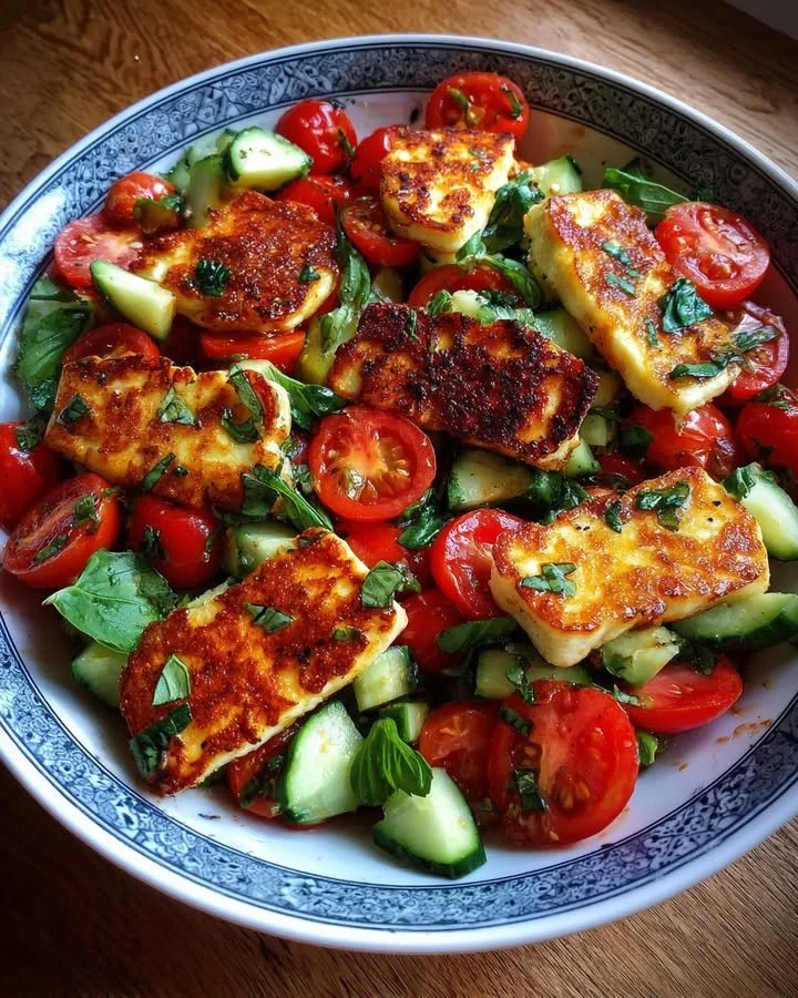 Grilled halloumi salad with tomatoes and greens in a vibrant summer dish