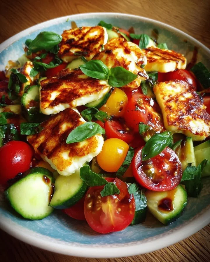 Grilled halloumi and tomato salad served in a bowl, garnished with fresh herbs.