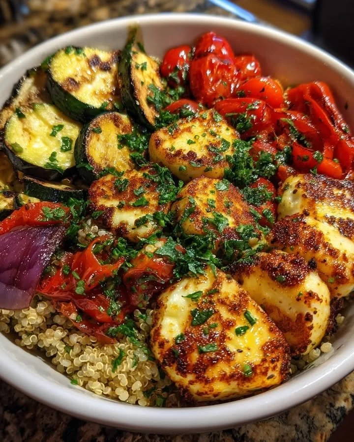 Grilled Halloumi Veggie Bowl with fresh vegetables and grilled cheese