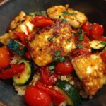 Grilled halloumi veggie bowl with fresh vegetables and herbs