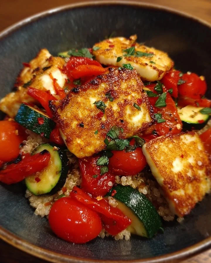 Grilled halloumi veggie bowl with fresh vegetables and herbs