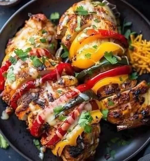 Grilled Hasselback Fajita Stuffed Chicken with peppers and spices