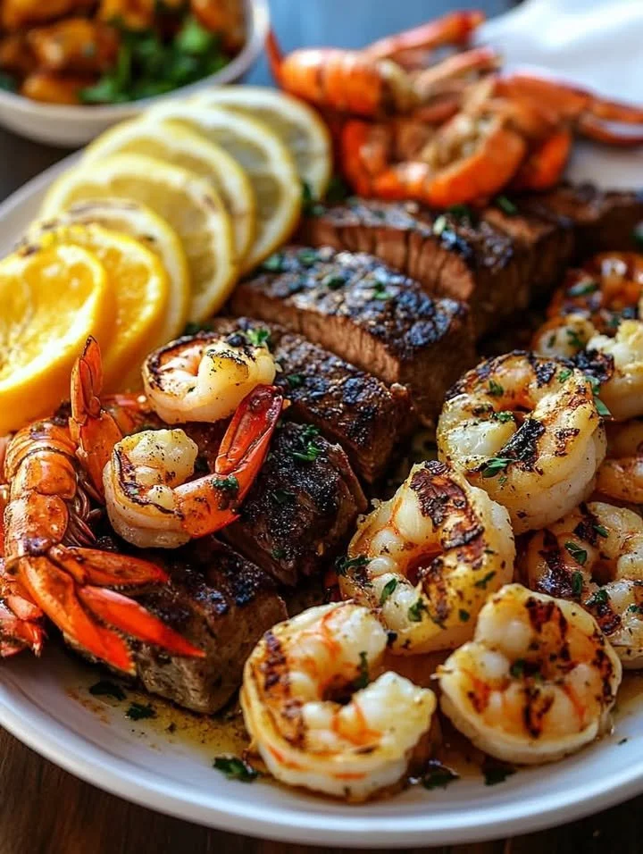 Delicious grilled lobster, shrimp, and steak served at a summer feast