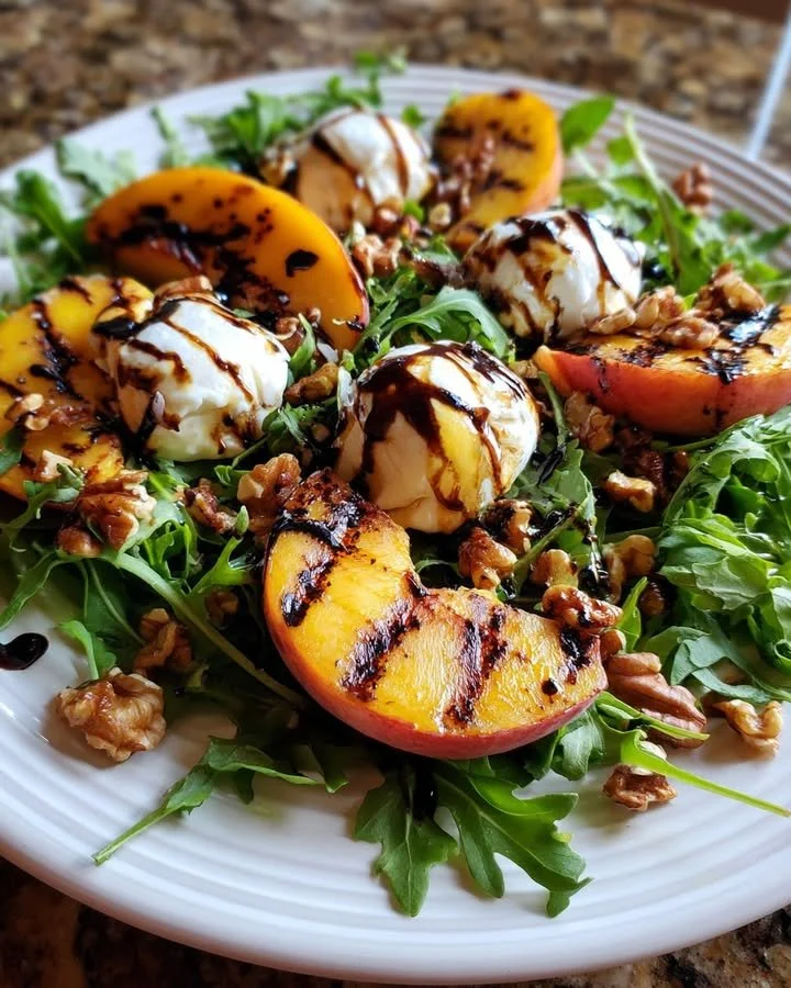 Grilled peach salad with burrata, arugula, and balsamic glaze served on a plate.