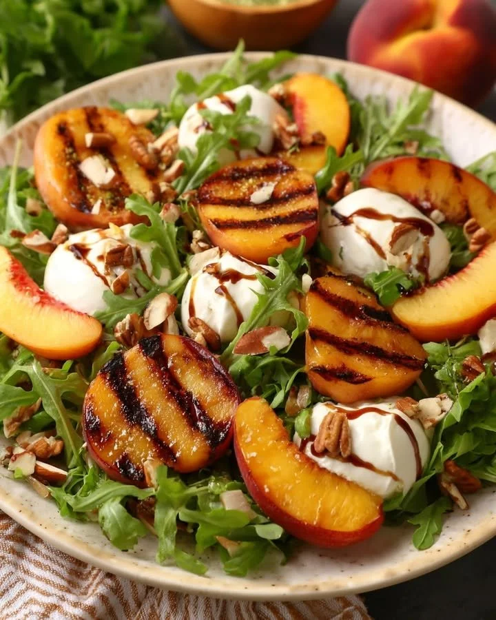 Delicious grilled peach salad with burrata cheese and honey-balsamic vinaigrette