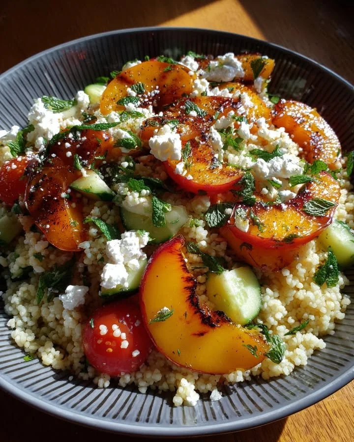 Grilled Peach Salad with cottage cheese and couscous served in a bowl