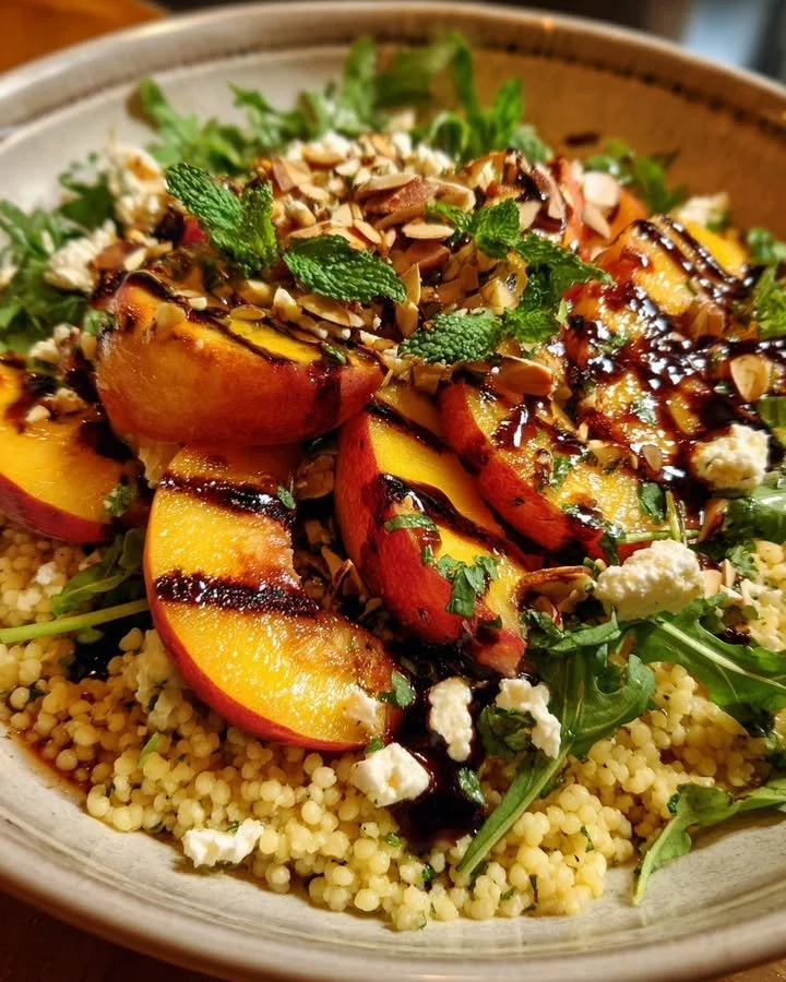 Grilled Peach and Goat Cheese Couscous Salad served in a bowl