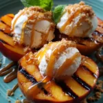 Delicious grilled peach sundae topped with ice cream and caramel drizzle