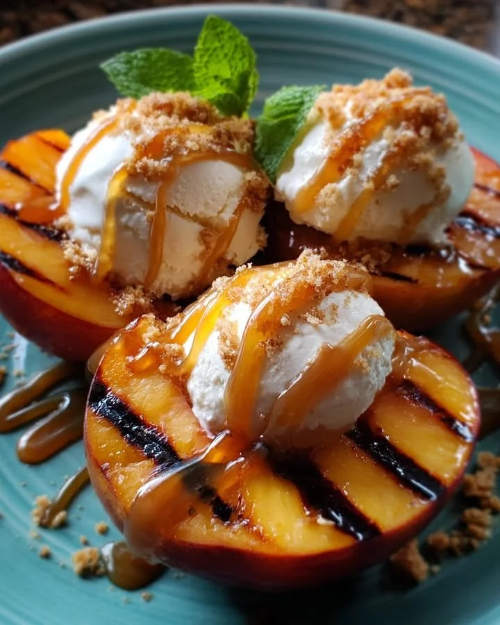 Delicious grilled peach sundae topped with ice cream and caramel drizzle