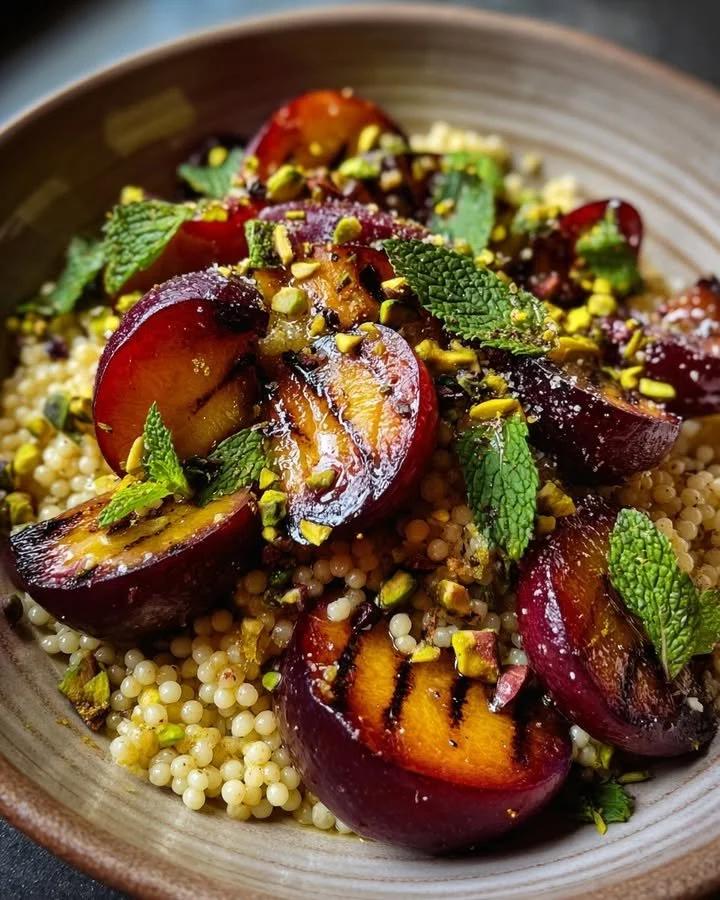 Grilled plums served on a couscous salad with mascarpone cheese