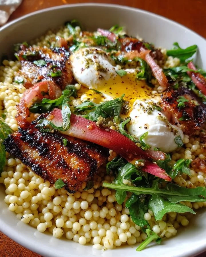 Grilled Rhubarb and Burrata Couscous Salad with fresh greens