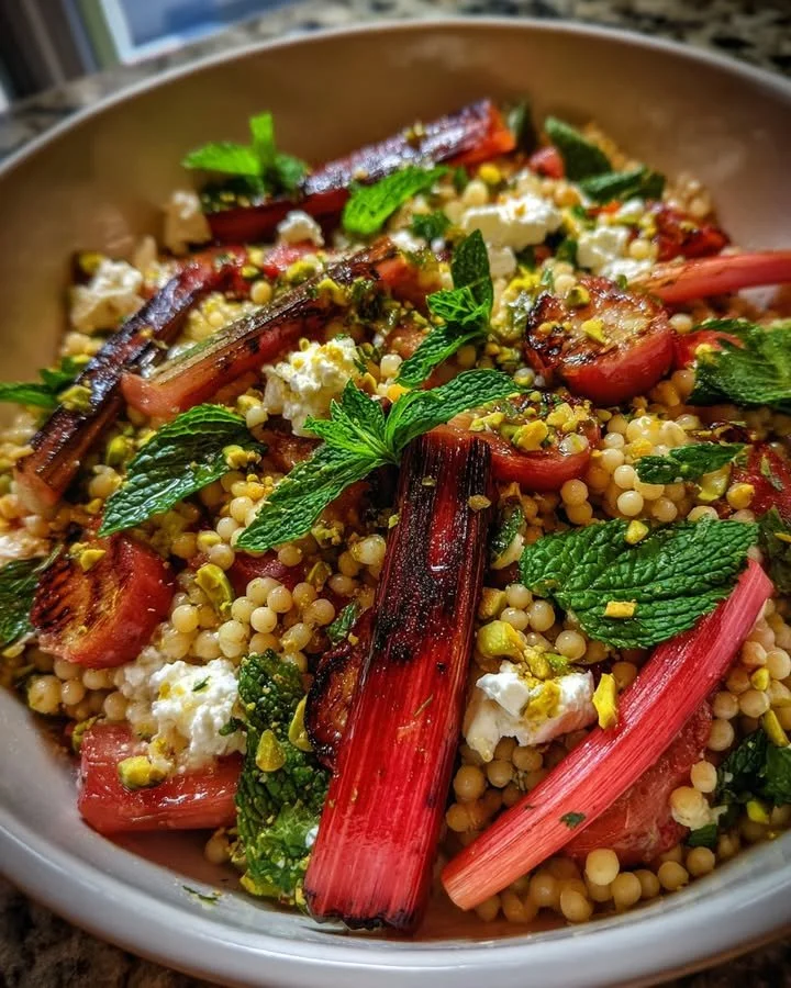 Grilled Rhubarb and Goat Cheese Couscous Salad served in a bowl