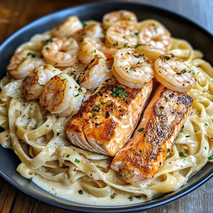 Grilled salmon and shrimp fettuccine alfredo on a plate with herbs