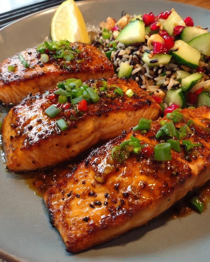 Grilled salmon with apricot-lime glaze served with wild rice salad