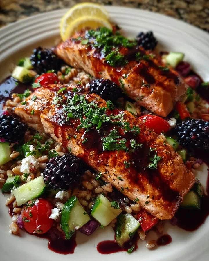 Grilled salmon topped with blackberry glaze served with Mediterranean farro salad