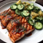 Grilled salmon with pineapple teriyaki glaze served with cucumber dill salad.