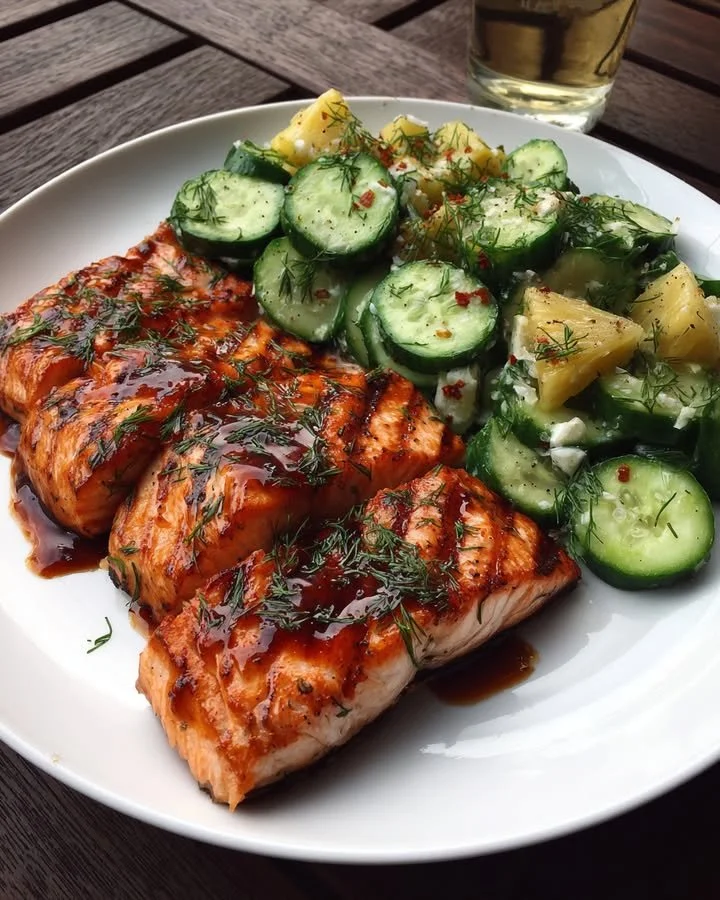 Grilled salmon with pineapple teriyaki glaze served with cucumber dill salad.