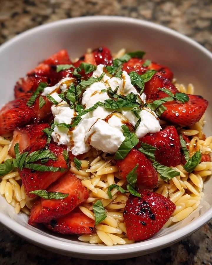 Grilled Strawberry & Ricotta Orzo Salad in a bowl