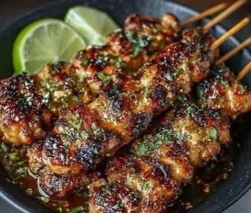 Delicious grilled Thai chicken skewers served with dipping sauce