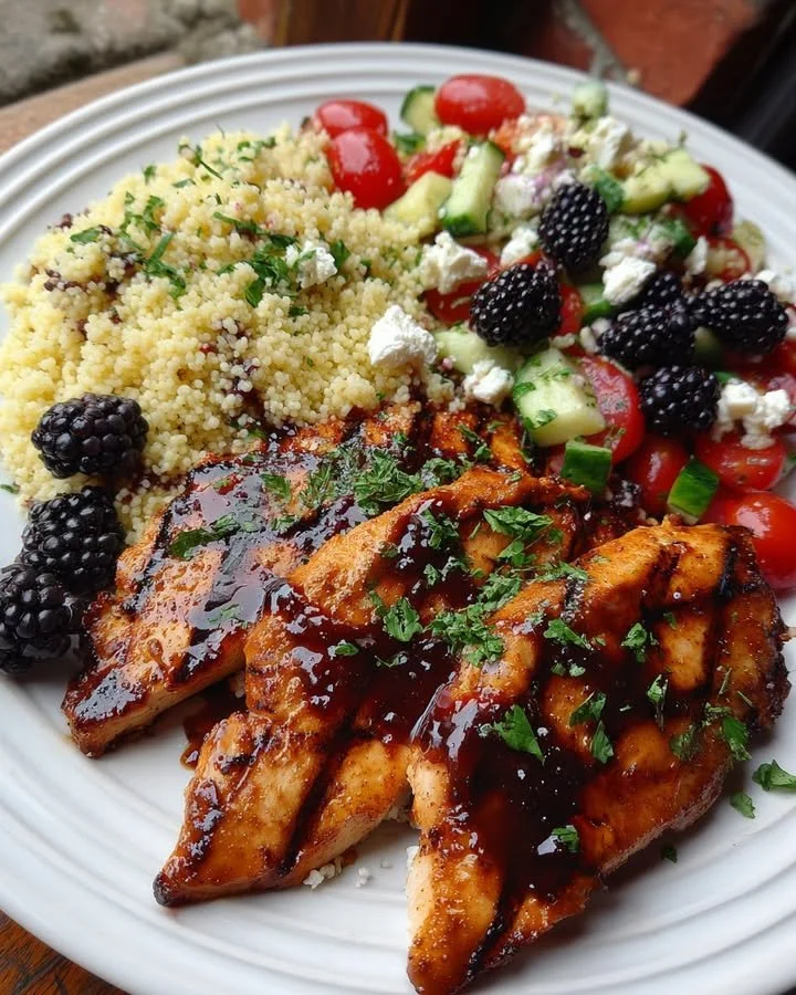 Grilled turkey with blackberry-honey glaze and couscous salad on a plate.