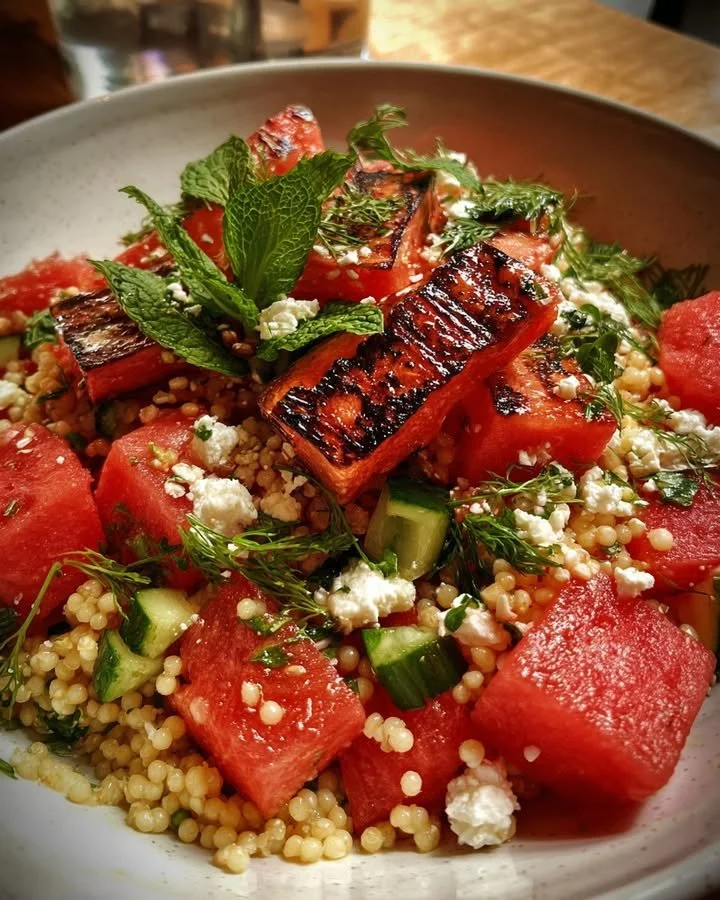 Grilled Watermelon Feta Couscous Salad with fresh greens and herbs